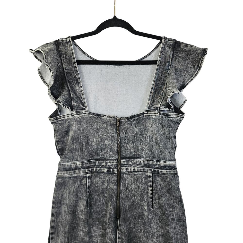 Vici Womens Jonesy Flared Leg Denim Jumpsuit Size Medium Black Acid Wash Ruffle - Picture 5 of 14